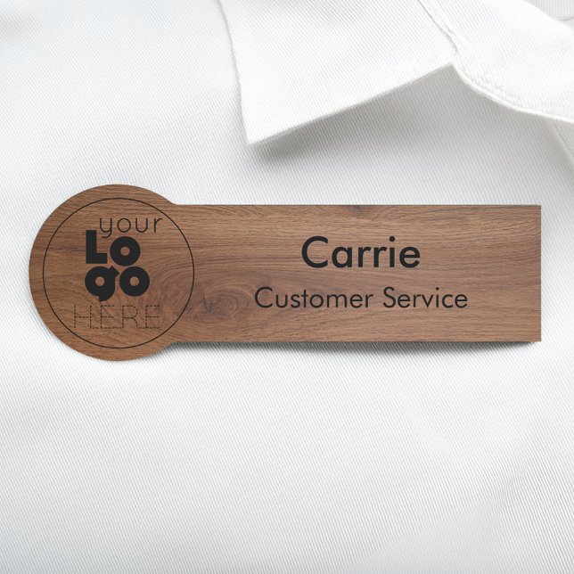 Walnut Wood Business Logo Modern Employee Name Tag (Creator Uploaded)
