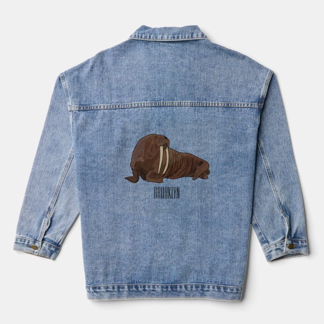 Walrus cartoon illustration denim jacket (Back)