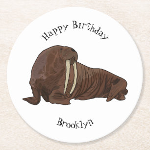 Walrus cartoon illustration round paper coaster