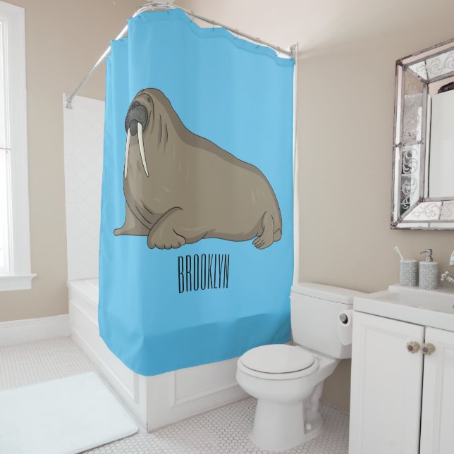 Walrus cartoon illustration shower curtain (In Situ)