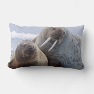 Walrus cow and calf rest on a sea ice floe lumbar cushion