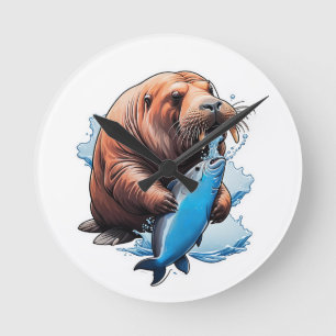 Walrus Fishing In The Sea Round Clock