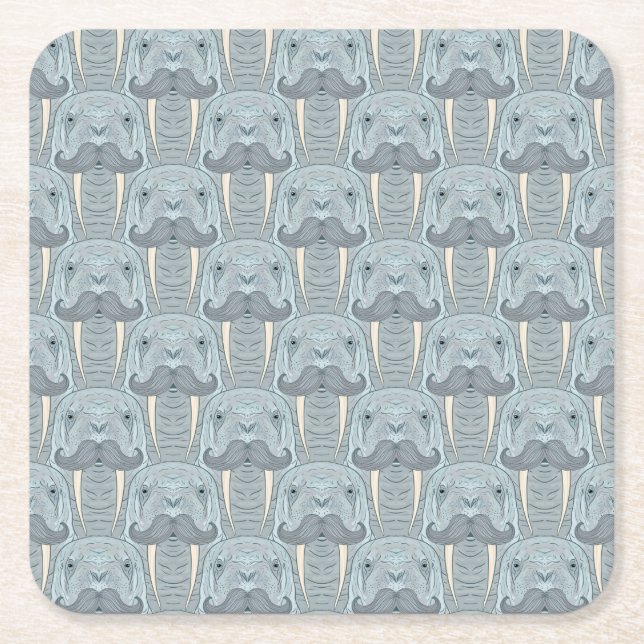 Walrus Moustache Pattern Square Paper Coaster (Front)