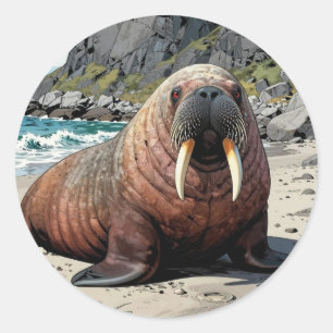 Walrus on a Sandy Beach    Cute Animals Classic Round Sticker