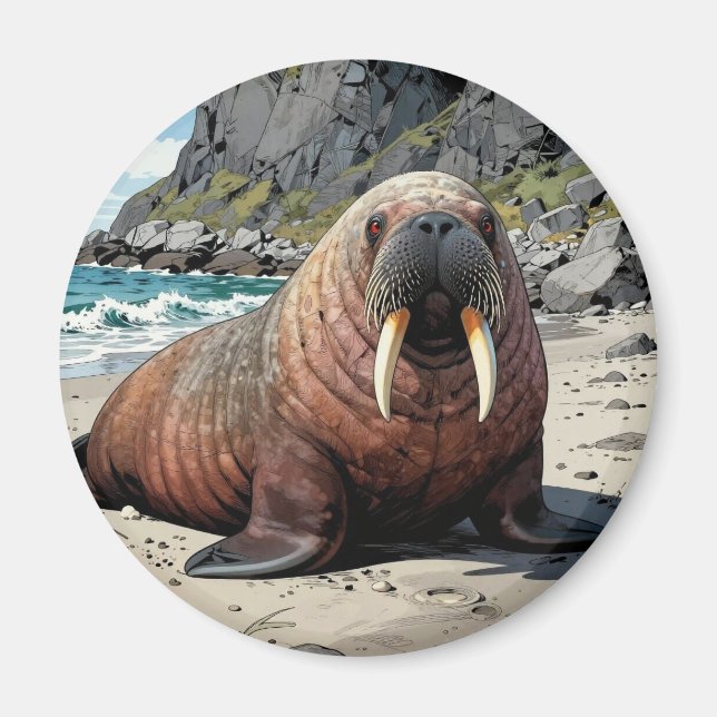 Walrus on a Sandy Beach  | Cute Animals Magnet (Front)