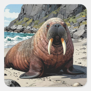 Walrus on a Sandy Beach    Cute Animals Square Sticker