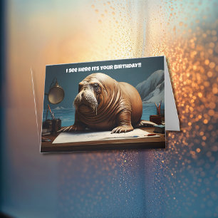 Walrus reading paper thank you card