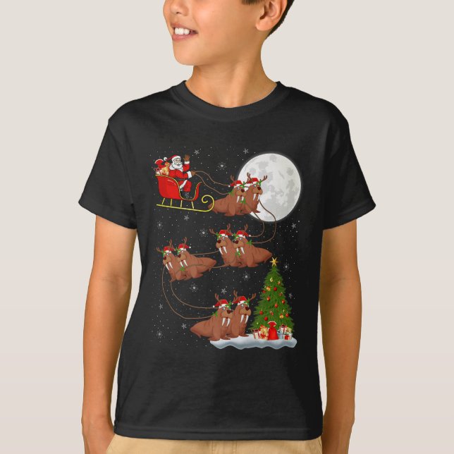 Walrus Santa Sleigh Flying Funny Magical Christmas T-Shirt (Front)
