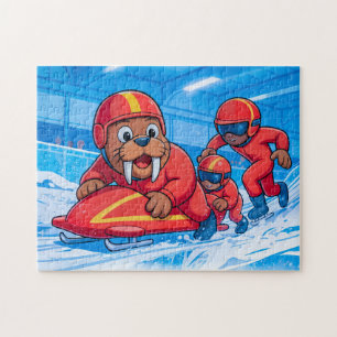 Walrus Starting a Bobsleigh Run on a Snowy Track Jigsaw Puzzle
