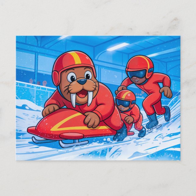 Walrus Starting a Bobsleigh Run on a Snowy Track Postcard (Front)