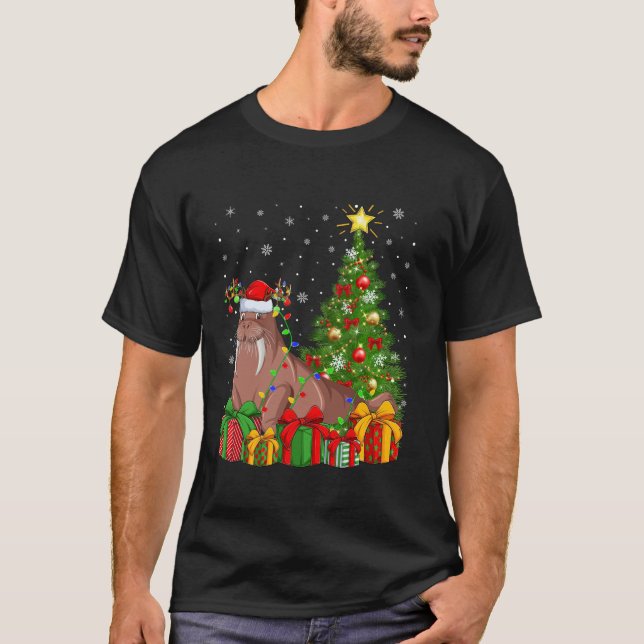 Walrus Xmas Tree Lighting Santa Hat Walrus Christm T-Shirt (Front)