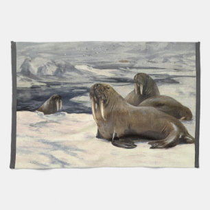 Walruses in the Arctic Snow, Vintage Marine Animal Tea Towel