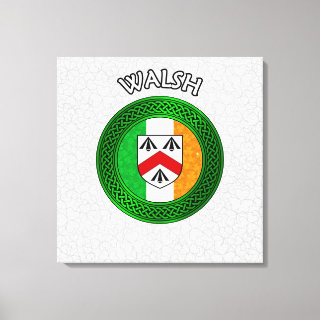 Walsh Crest & Celtic Knot on Shamrock Canvas Print (Front)