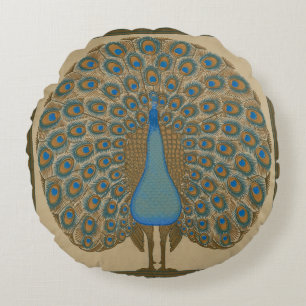 Walter Crane Blue Peacock with its tail outspread  Round Cushion