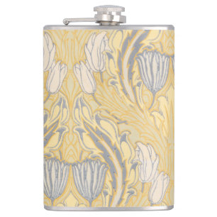 Walter Crane Blue White Tulips & Acanthus Hip Flask