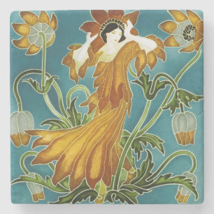 Walter Crane Orange Tulip Art Nouveau Floral Stone Coaster