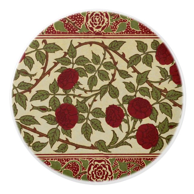 Walter Crane Red Roses with Thorned Stems Ceramic Knob (Front)