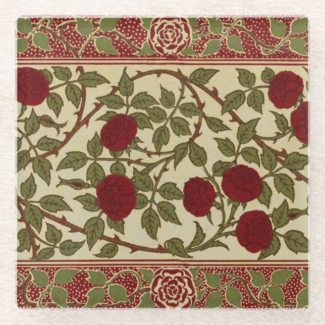 Walter Crane Red Roses with Thorned Stems Glass Coaster (Front)
