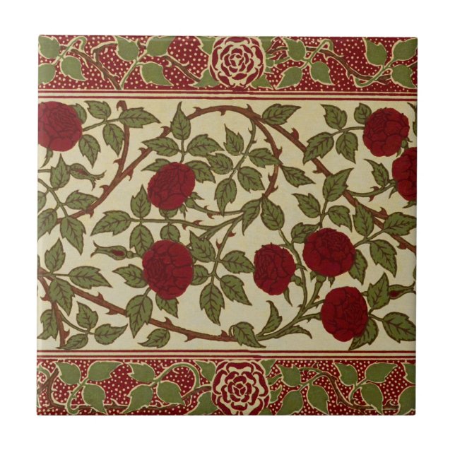 Walter Crane Red Roses with Thorned Stems Tile (Front)