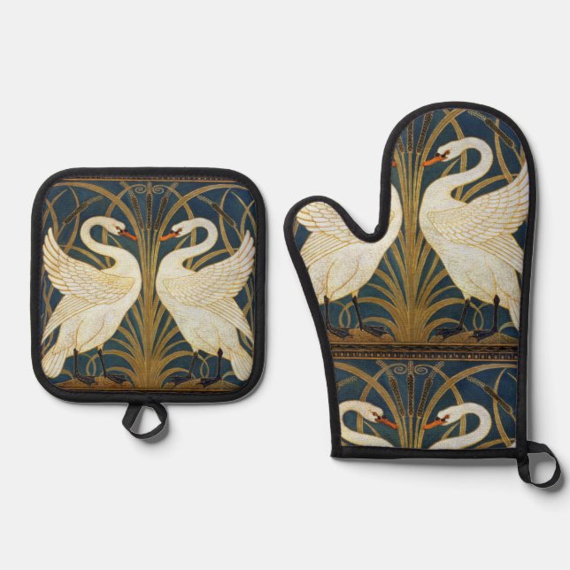 Walter Crane - Swan, Rush And Iris Art Nouveau Oven Mitt & Pot Holder Set (Front)