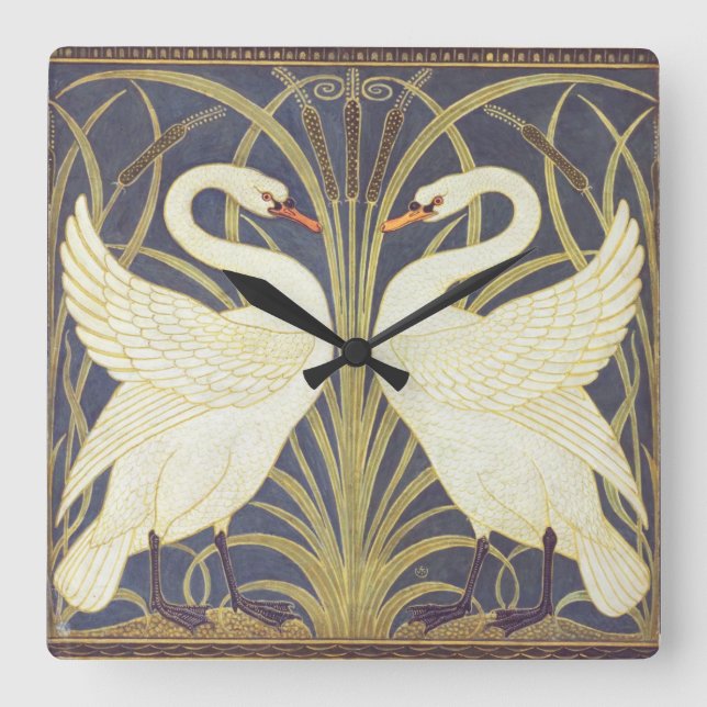 Walter Crane Swan, Rush And Iris Art Nouveau Square Wall Clock (Front)