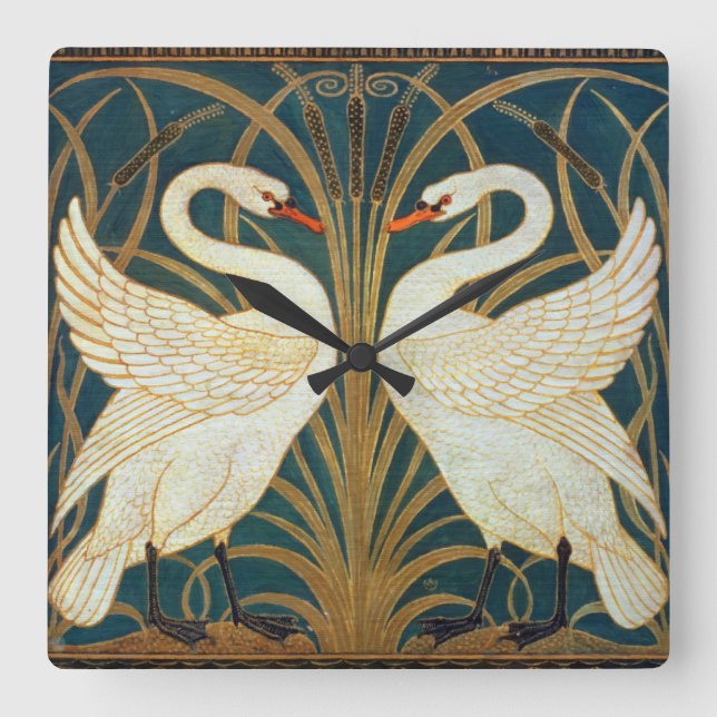 Walter Crane Swan, Rush And Iris Art Nouveau Square Wall Clock (Front)
