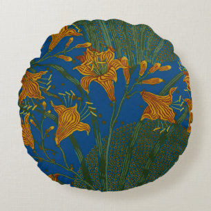 Walter Crane Vintage Day Lily Floral Pattern Round Cushion