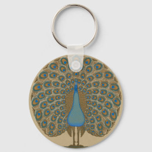 Walter Crane Vintage Gold Blue Peacock Art Key Ring