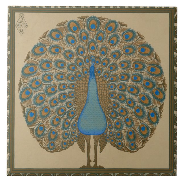 Walter Crane Vintage Gold Blue Peacock Art Tile (Front)