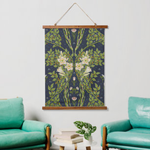 Walter Crane Vintage Navy White Lily Pattern Hanging Tapestry