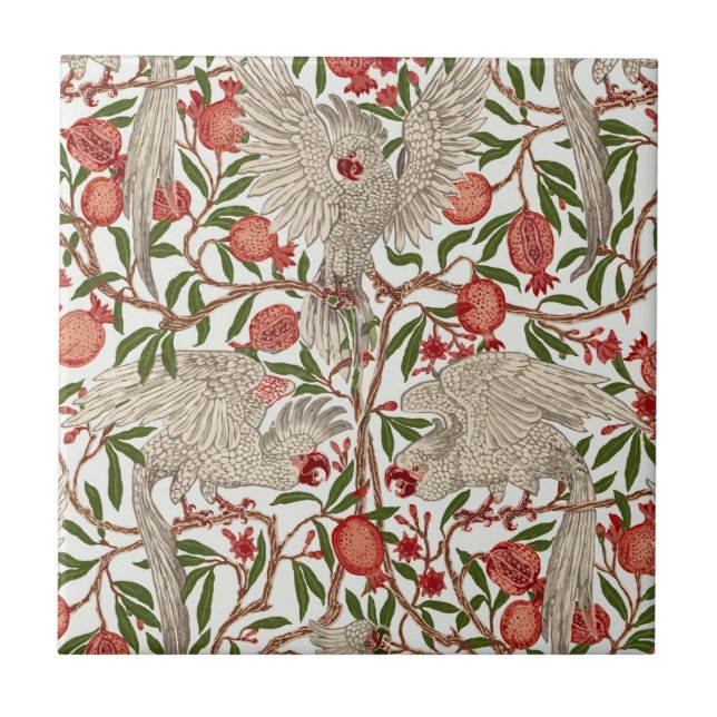 Walter Crane White Cockatoo Red Pomegranate Art Tile (Front)