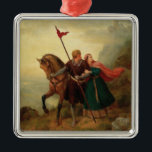 Walther and Hildegund Fleeing with their Horse Metal Tree Decoration<br><div class="desc">This design features a painting by the German artist Karl Friedrich Lessing (1808–1880). It shows Walther and Hildegund (also known as Waltharius and Hiltgunt), characters from Germanic folklore and legend. They are fleeing from their families to elope and get married together. Walther his holding the reins of a proud thoroughbred...</div>