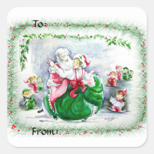 Waltzing Santa & Mrs. Claus Gift Tags/Stickers Square Sticker