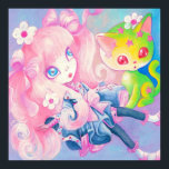 Wamono Japanese Girl With Kawaii Kitten ~ Poster<br><div class="desc">An original painting in acrylics entitled: "Sweet Kitty Time". A cute Japanese girl with pink hair, dressed in the Wamono style, rests with her magical kawaii kitty , who is yellow with pink stars on him. Original Art © by Angela Flemming. All The Materials Contained May Not Be Reproduced, Copied,...</div>