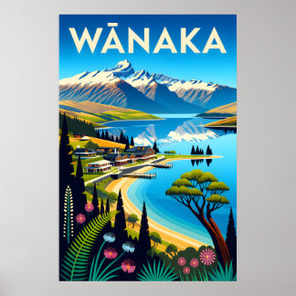 Wānaka New Zealand Retro Travel Poster Art