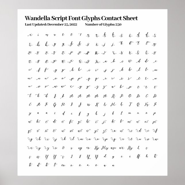 Wandella Script Font Glyphs Contact Sheet Poster (Front)