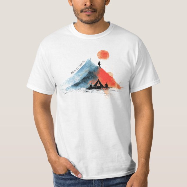 Wander the Peaks – Abstract Mountain & Campfire T-Shirt (Front)