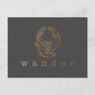 Wander Travel Quote and Globe in Black and Gold Postcard