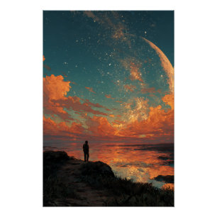 Wanderer Under Giant Crescent Moon Poster