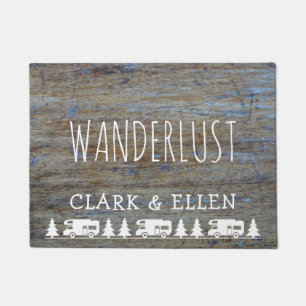 Wanderlust Custom Name   Rustic Wood RV Camping Doormat