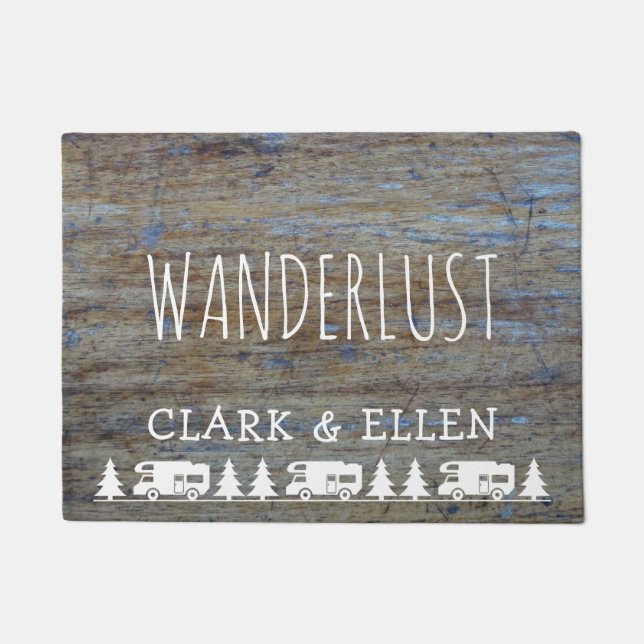 Wanderlust Custom Name | Rustic Wood RV Camping Doormat (Front)