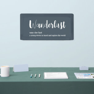 Wanderlust definition white grey blue colour banner