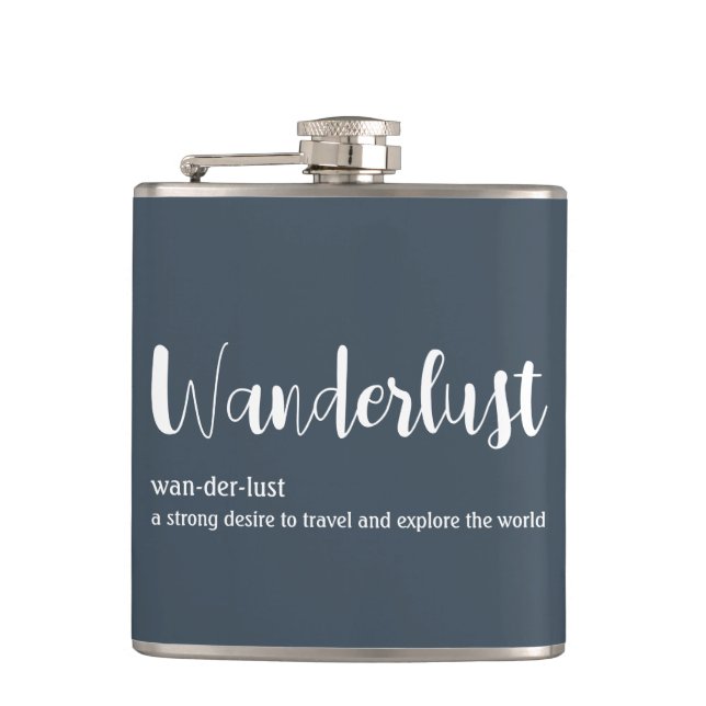 Wanderlust definition white grey blue colour hip flask (Front)