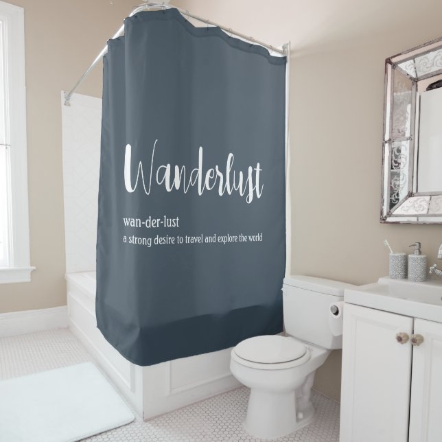 Wanderlust definition white grey blue colour shower curtain (In Situ)