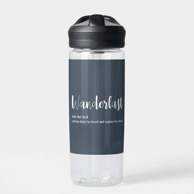 Wanderlust definition white grey blue colour water bottle (Front)
