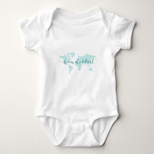 Wanderlust, desire to travel, teal world map baby bodysuit (Front)