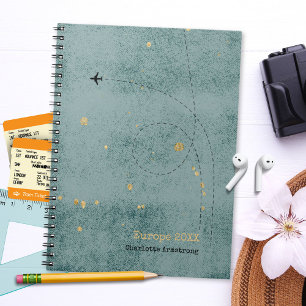 Wanderlust Name Aeroplane Dark Blue Gold Travel Notebook