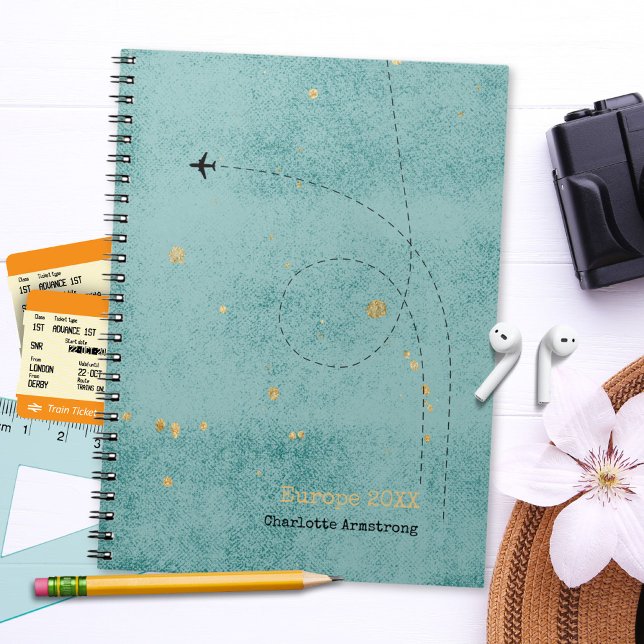 Wanderlust Name Aeroplane Green Blue Gold Travel Notebook (Wanderlust Name Airplane Green Blue Gold Travel Notebook ©Susanne Sachers - Sunny Wanderlust 🌞✈️)