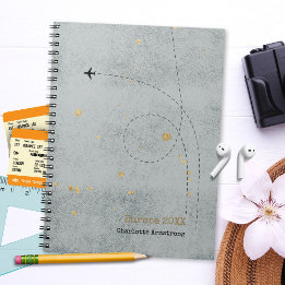Wanderlust Name Aeroplane Light Grey Gold Travel Notebook