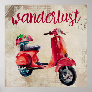 Wanderlust - Red Watercolor Moped Poster